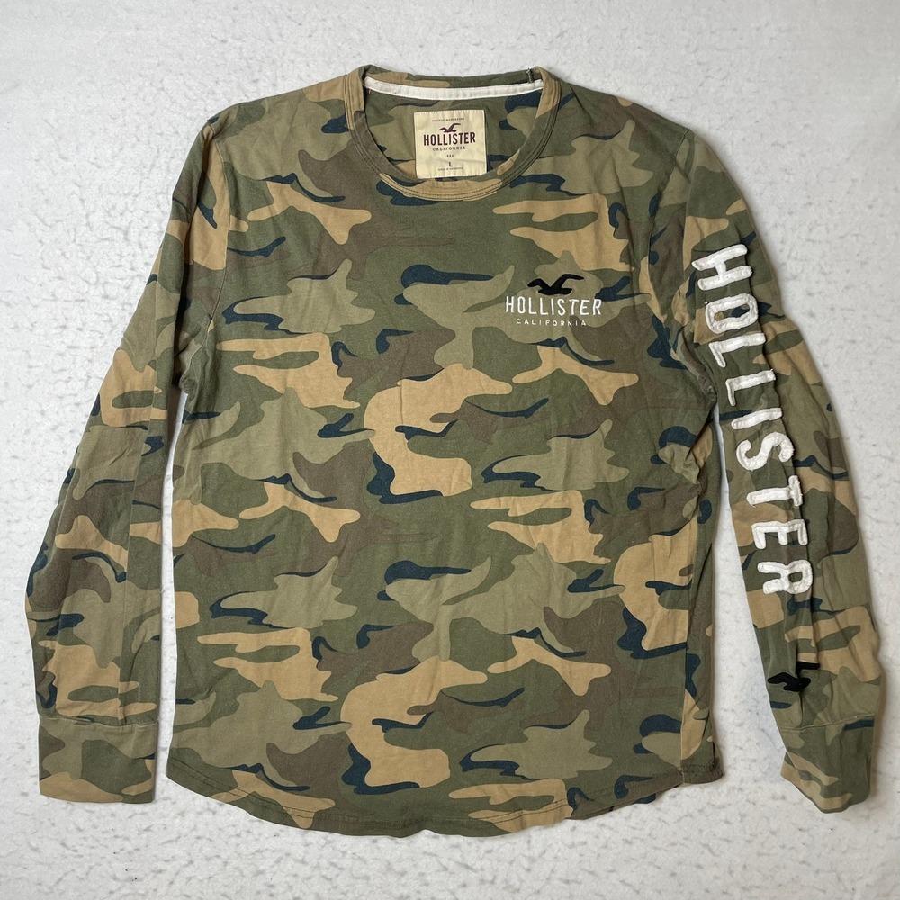 Hollister‎ Long Sleeve T-Shirt Mens Large Green Camo Graphic Sleeve Logo